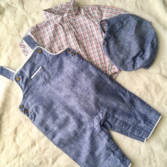 Janie and Jack Set overalls newsboy hat button up - Picture 3 of 6
